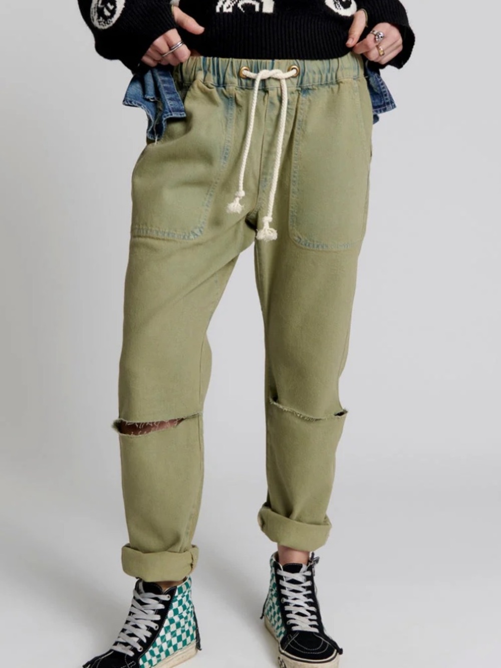 One Teaspoon Shabbies Low Waist Drawstring Boyfriend Denim Jeans Khaki Haze 26